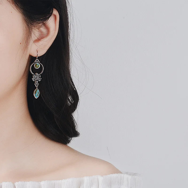 

OMHXZJ Wholesale European Fashion Woman Girl Party Wedding Gift Geometric Turquoise S925 Sterling Silver Drop Earrings EA421