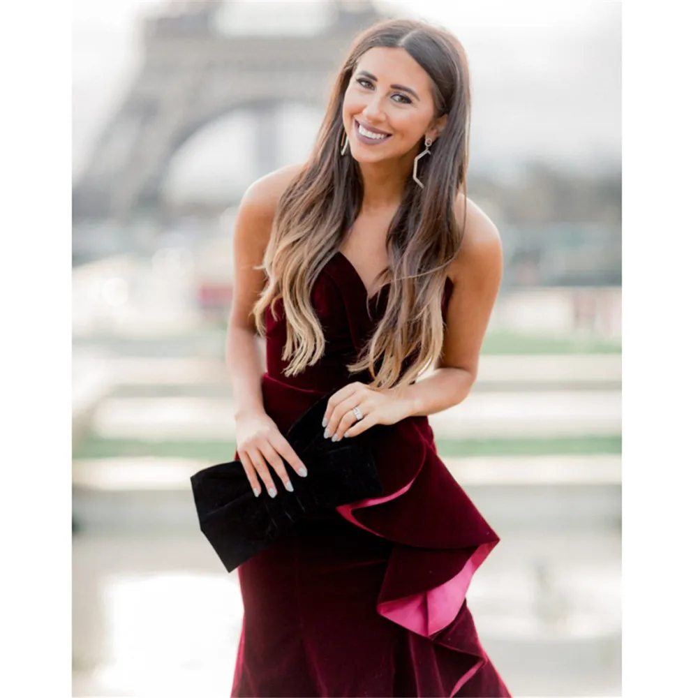 

HONGFUYU Sweetheart Velvet Evening Prom Gowns with High Slit Cascading Tiered Ruffle Red Carpet Party Dress Celebrity Dresses