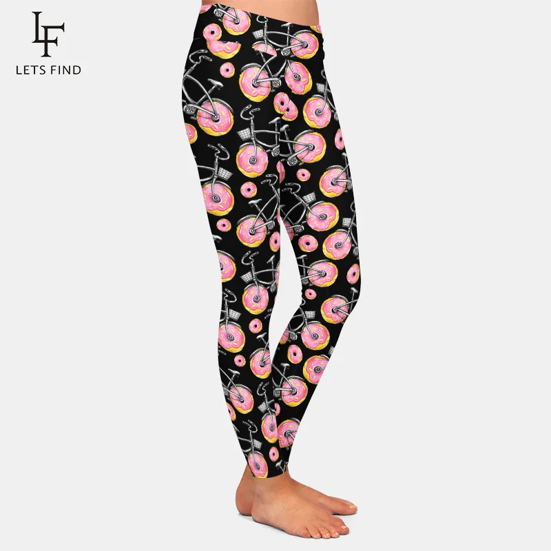 LETSFIND Women High Waist Workout Leggings Fashion Bicycles with Donuts Wheels Print High Quaility Fitness Elastic Leggings