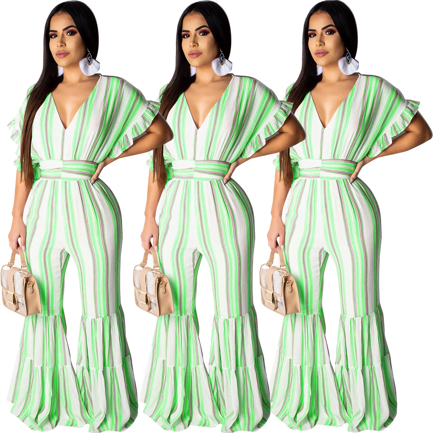 

2019 new summer elegent fashion style women casual striped plus size long jumpsuit