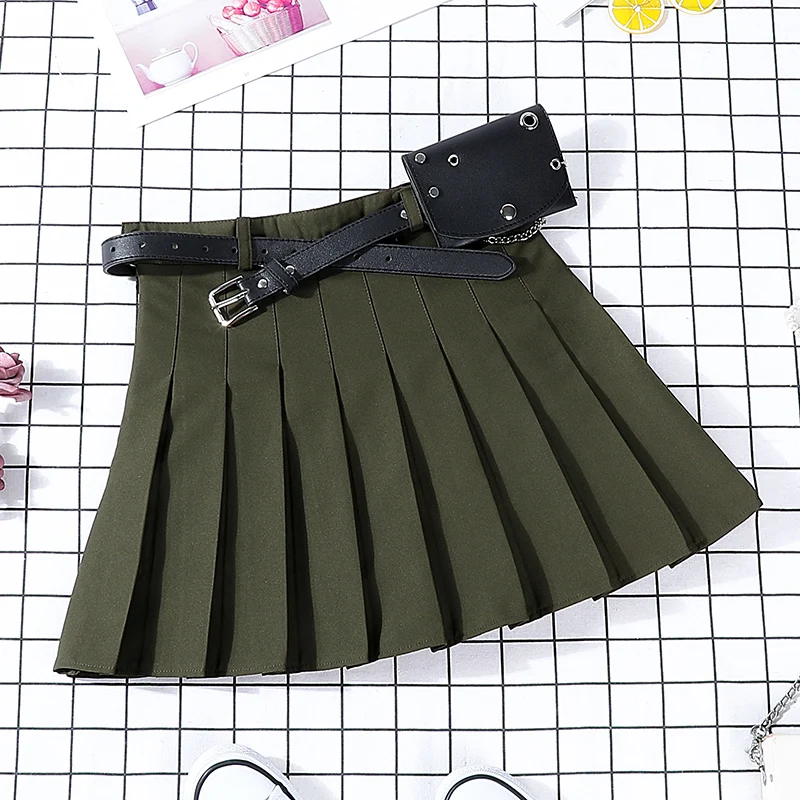 New Hip-hop Women's Harajuku Pleated Skirt Gothic Black High Waist Mini Skirts Cute Girls Punk A Line Short Skirt With Belt - Цвет: Армейский зеленый