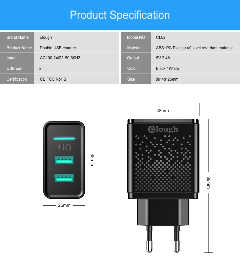 Elough USB зарядное устройство для телефона Dual EU USB зарядное устройство Блок штекер 2.4A Быстрая Зарядка адаптер для cargador usb зарядка