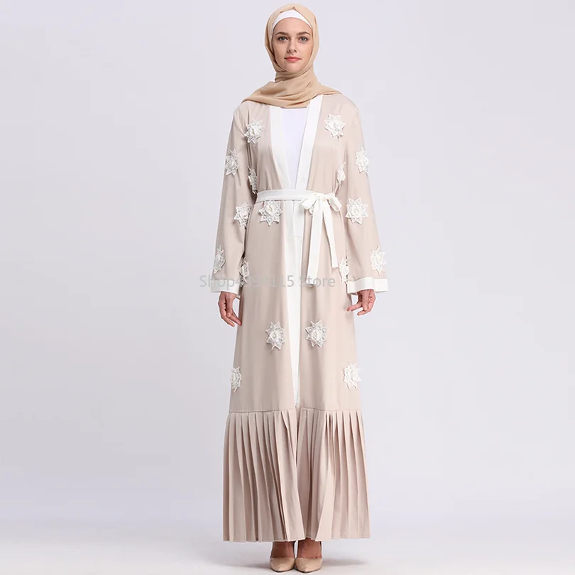 Abaya кардиган Дубайский Мусульманский Длинный плиссированный Жемчуг Цветочный