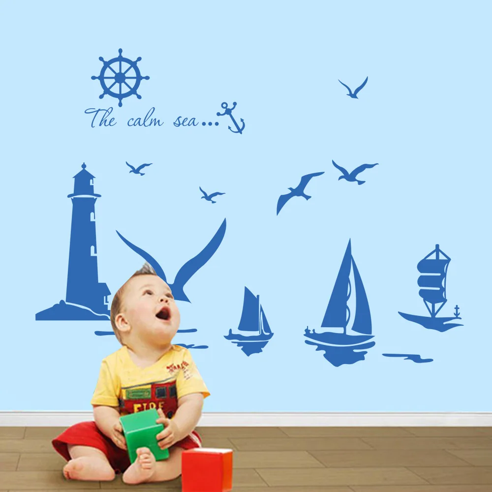 2017 Special Offer Real For Wall Landscape Plastic Europe Wallpaper Room Background Mediterranean Sea Lighthouse Stickers | Дом и сад