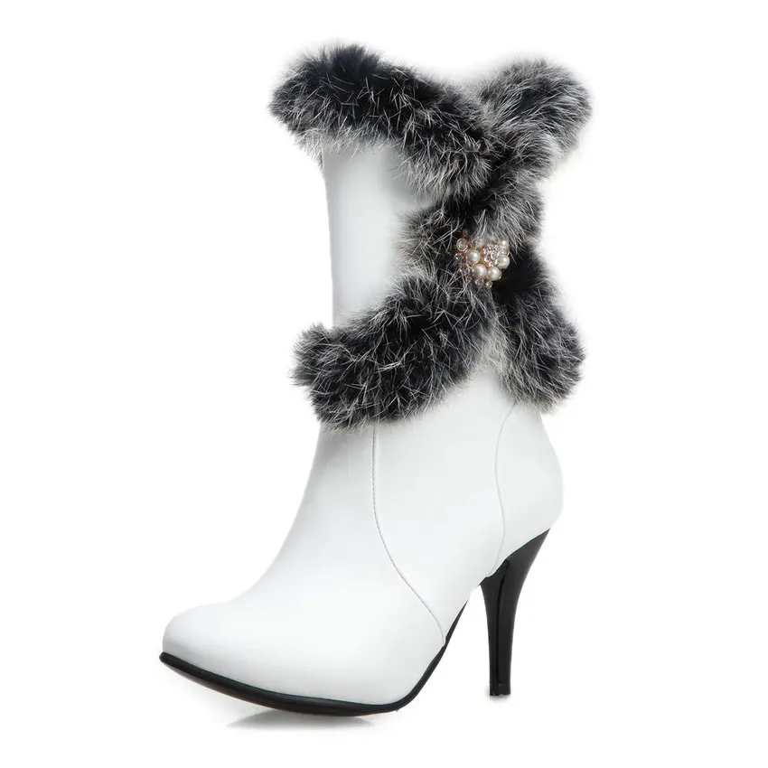 Женские теплые зимние ботинки с плюшевой подкладкой на высоком каблуке 8 см