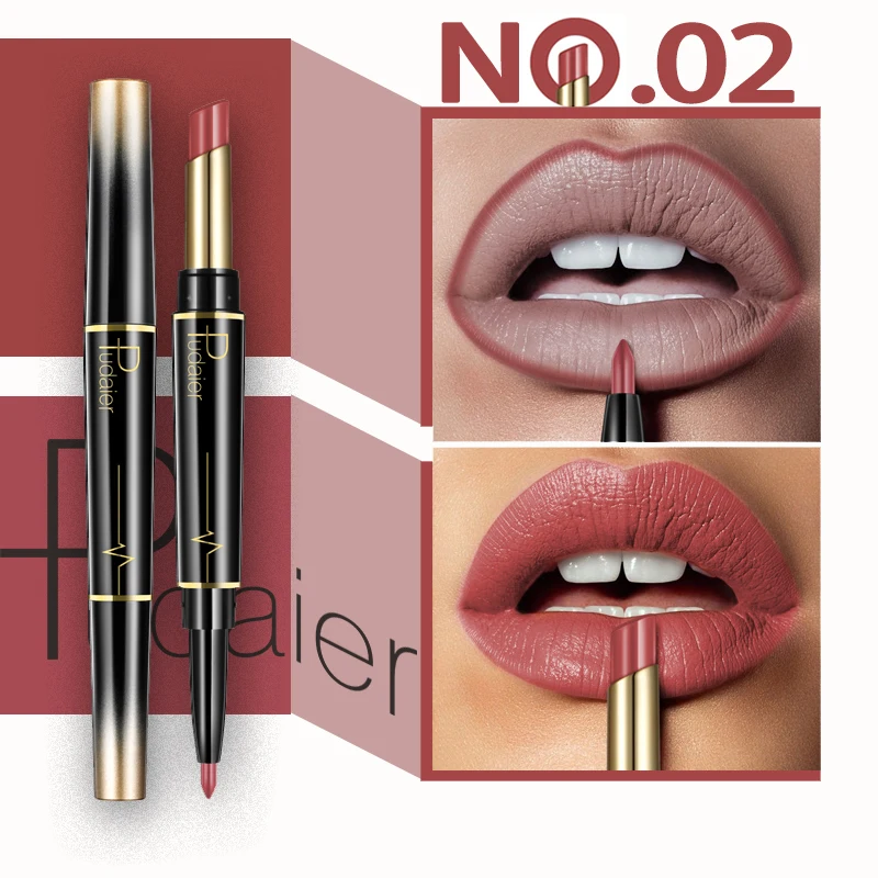 Color 02 Pudaier, 1 шт., 16 цветов, двойная головка, модный карандаш для губной помады, водостойкий макияж, полуматовый карандаш для губ, бархатные Жидкие помады - Цвет: Color 02