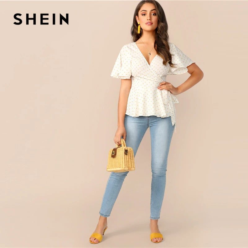 SHEIN блуза в горошек с вырезом на спине, поясом и баской,, Boho, короткий рукав, Узелок, женские летние топы и блузки с v-образным вырезом