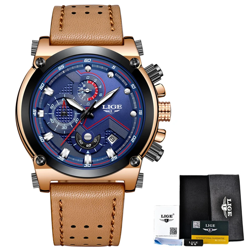 Часы LIGE мужские кварцевые водонепроницаемые спортивные с кожаным ремешком |