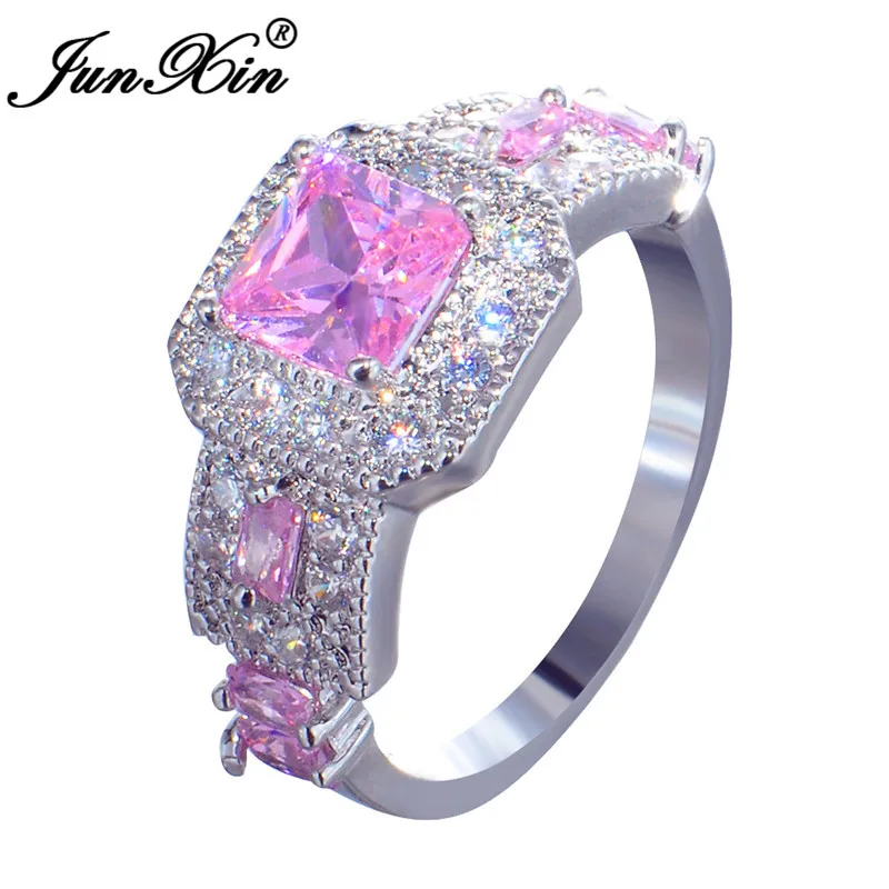 Pink Ring JUNXIN винтажные квадратные обручальные кольца для мужчин и женщин из белого золота с камнем принцессы зеленый синий черный циркон кольцо женское CZ - Цвет основного камня: Pink Ring