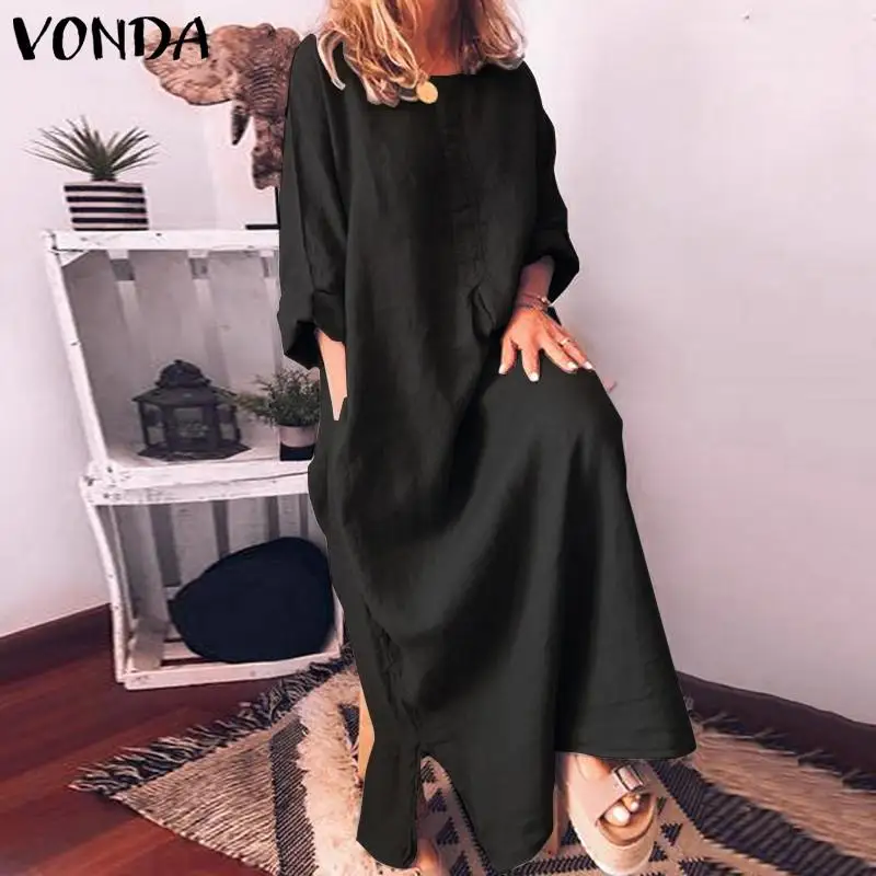 Богемное зеленое платье VONDA летние модные макси длинные платья размера плюс с разрезом подола сплошной цвет пляжный сарафан Femme Vestidos