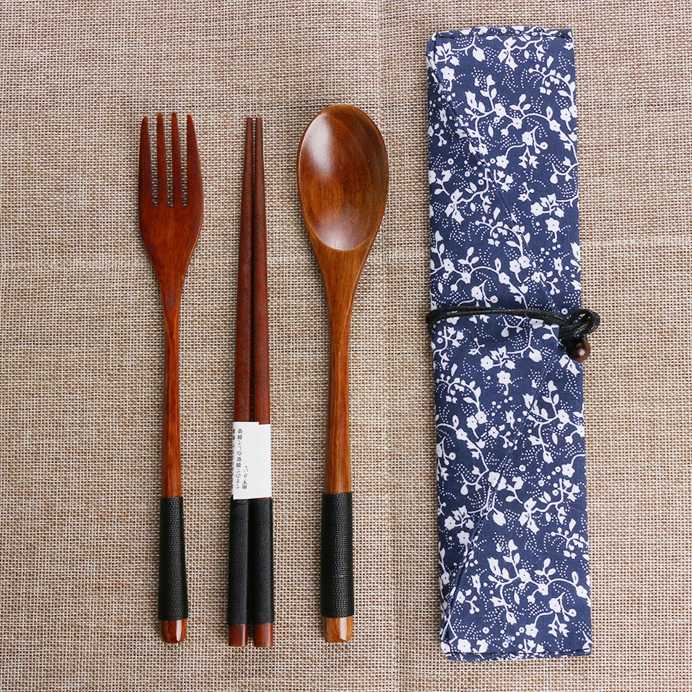 

Japanese Style Spoon Fork Chopsticks Portable Tableware Environmental Wooden Cutlery Sets Travel Dinnerware Suit with Cloth Pack