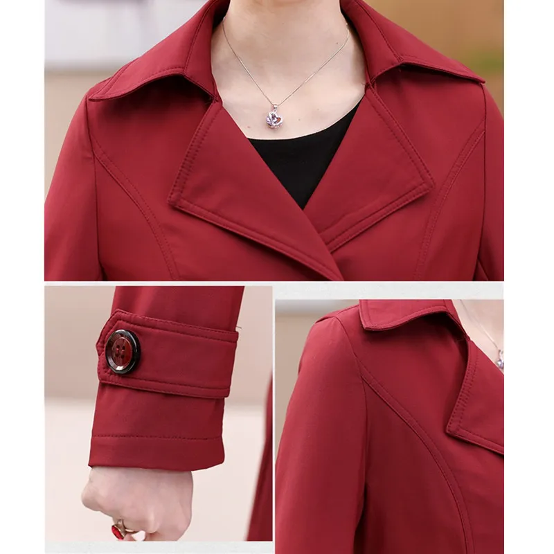 

YAGENZ Middle-aged Women spring Large-size Windbreaker Coat Fashion Slim Solid Double-breasted Outerwear Autumn Trench Coat 5XL