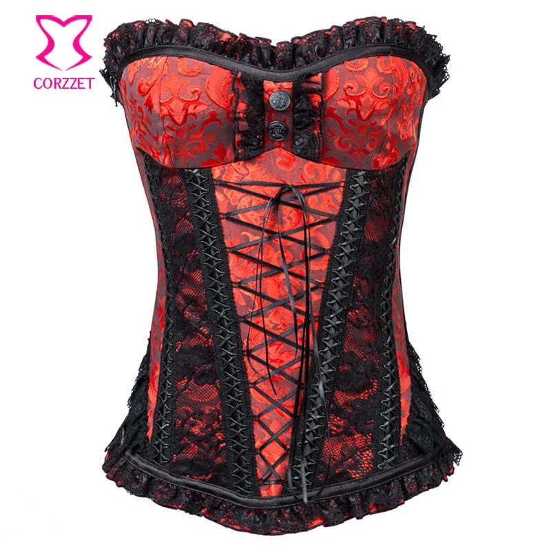 Red Brocade&Black Lace Side Zipper Gothic Corset Steel Bone Overbust Sexy Corsets And Bustiers Women Corselet For Slimming Waist