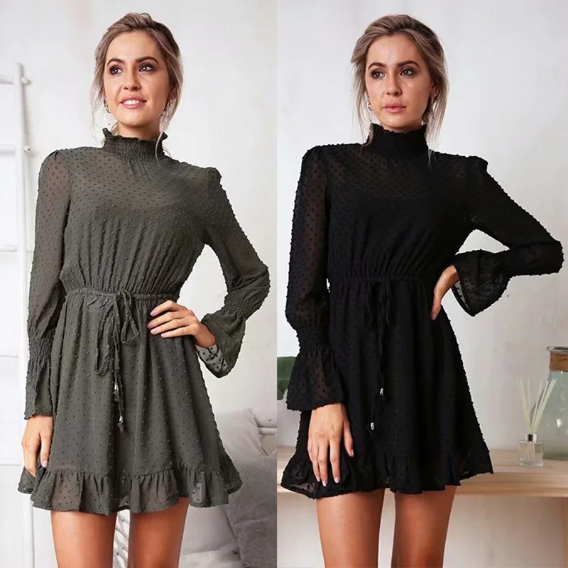 Модное шифоновое платье для женщин круглый вырез оборки длинный рукав шнурок