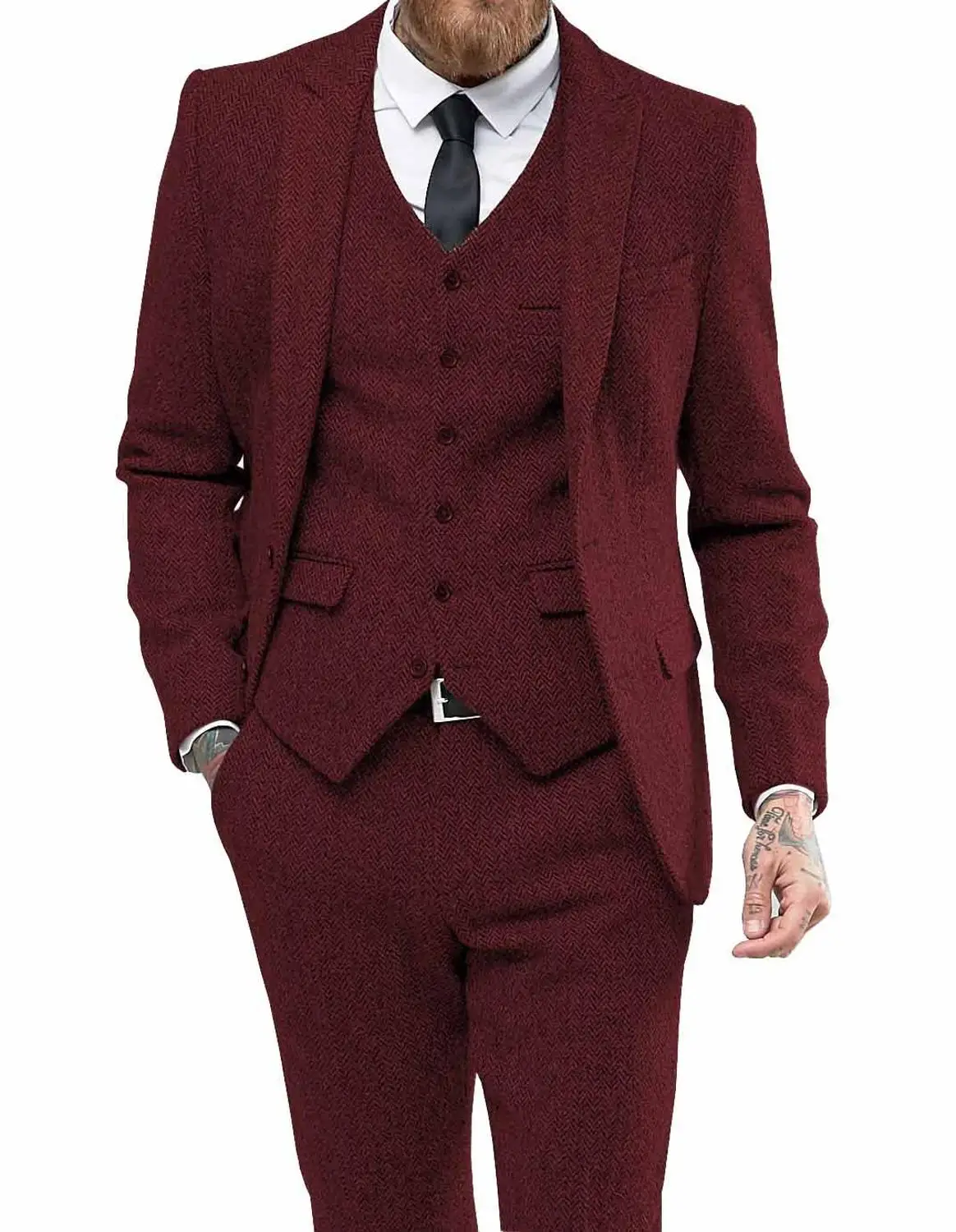 Burgundy 3 pieces Мужской костюм, повседневный деловой костюм из трех предметов для женихов, серый, белый, бордовый смокинг с лацканами для свадьбы, блейзер+ брюки+ жилет - Цвет: Burgundy 3 pieces
