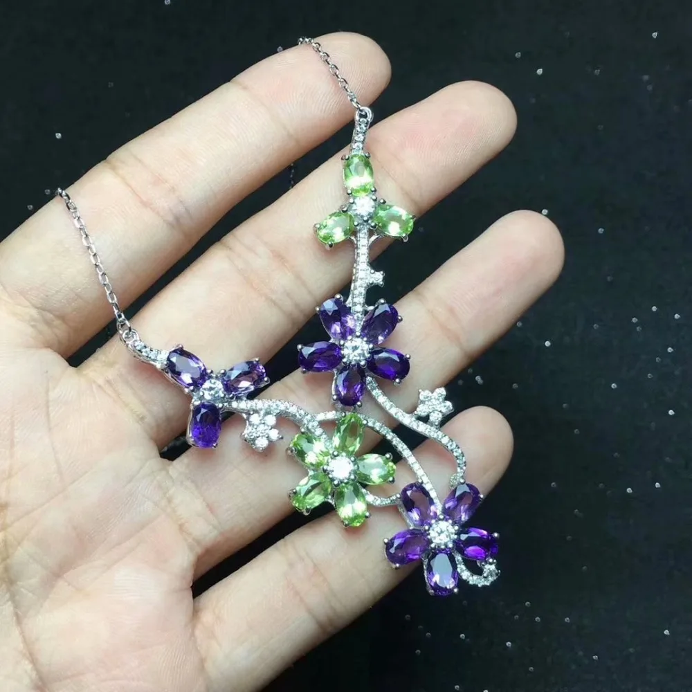 

Natural green peridot Necklace natural amethyst Pendant Necklace S925 silver Luxurious Leaf Flower women gift party fine Jewelry