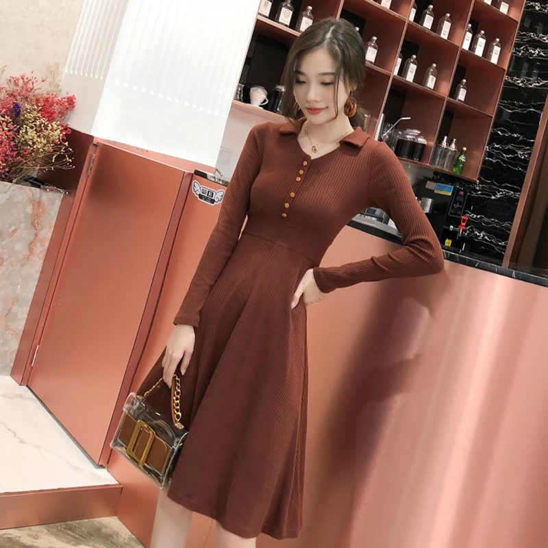 Осенне-зимние новые винтажные однотонные платья 2018 корейские элегантные женские