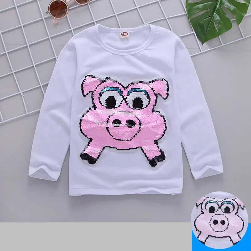 Pig A White Футболка для девочек; Детские футболки с пайетками и рисунком кота; сезон весна-осень; рубашки для смены цветов; футболка; Enfant Garcon; детская одежда - Цвет: Pig A White