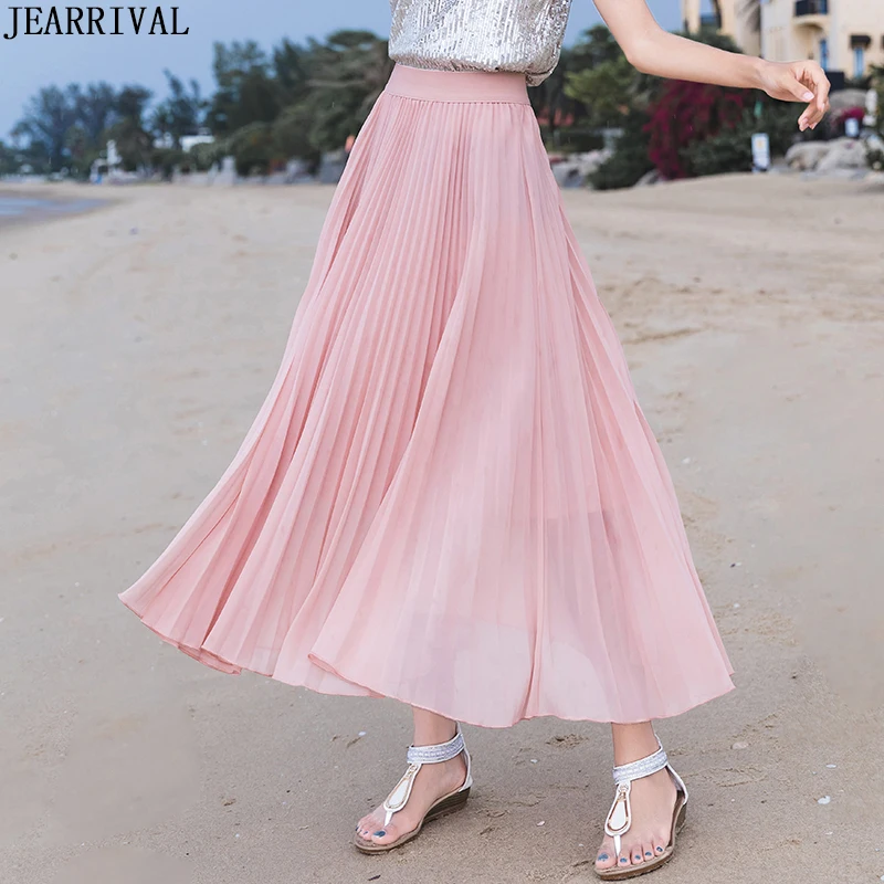 Summer Long Skirts Womens High Waist Vintage Boho Pleated Skirts Solid Color Chiffon Beach Maxi Skirt For Women Saia Faldas