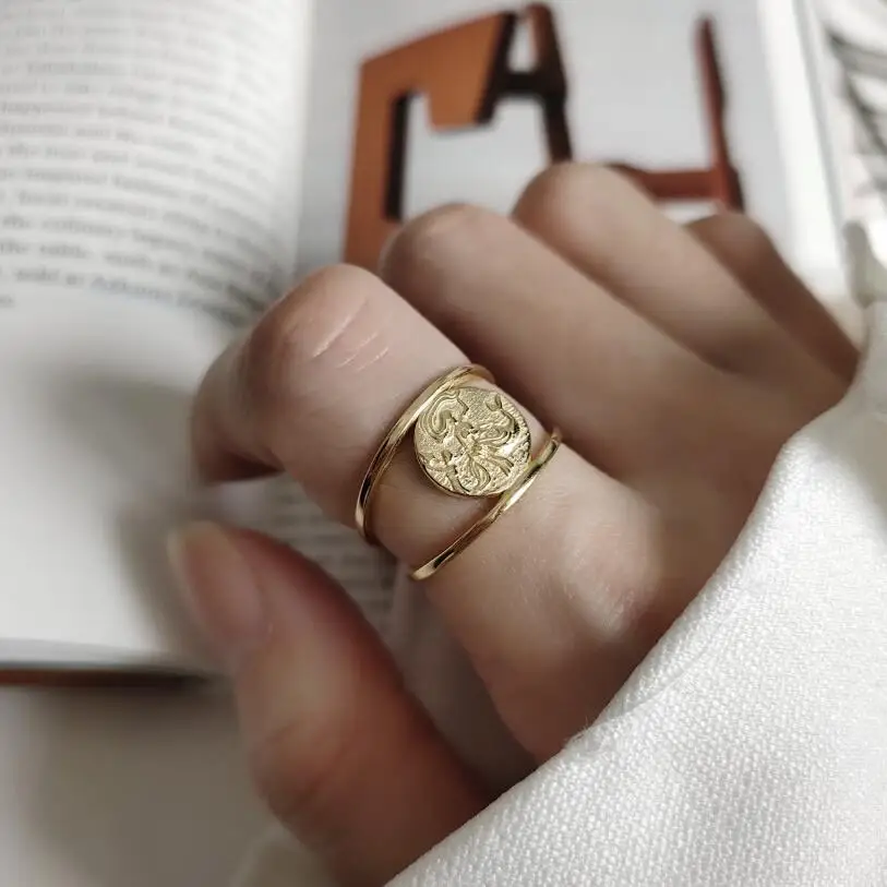 

Authentic Adjustable 925 Sterling Silver Gold Color Double Line Round Coin Mermaid Open Size Finger Rings For Women Gift Jewelry