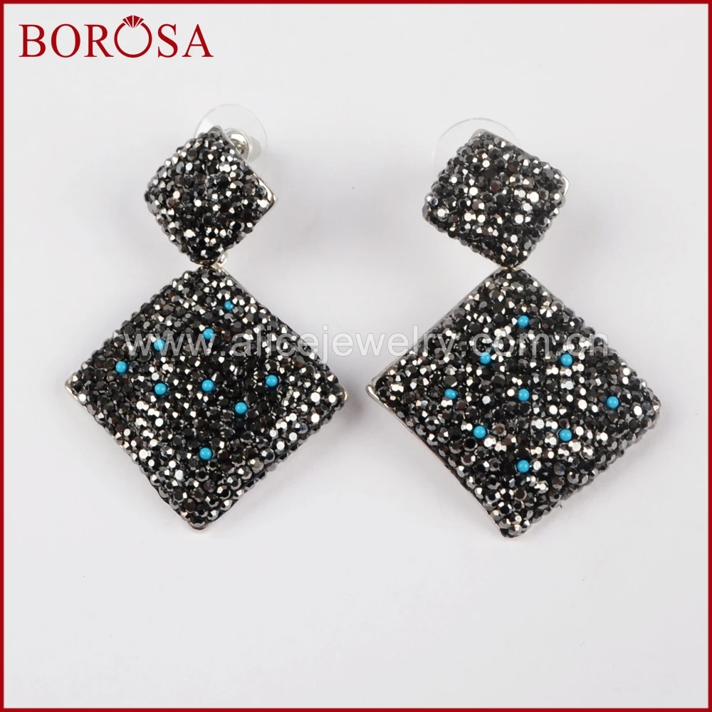 

BOROSA 5Pairs Silver Color Rhombus Shape Rhinestone Pave With Blue Tiny Stone Bead Dangle Earrings Drop Earrings Gems JAB770