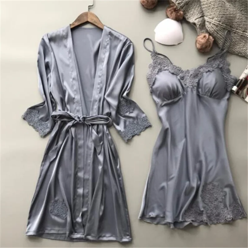 Gray Сексуальный комплект из двух предметов, одежда для сна, Атласный халат, комплекты платьев, женская ночная одежда, халат, кимоно, ночная рубашка, голубой кружевной пеньюар H860 - Цвет: Gray