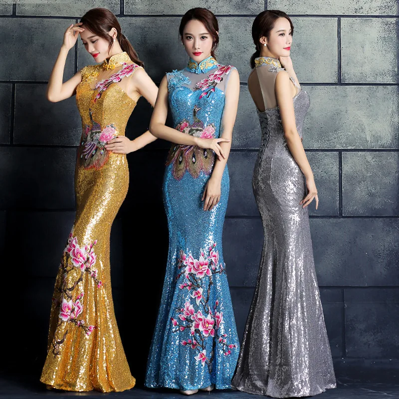 Red Chinese Wedding Dress Female Long Cheongsam Gold Slim Traditional Women Qipao for Party embroidery|women qipaos|long cheongsamchinese traditional
