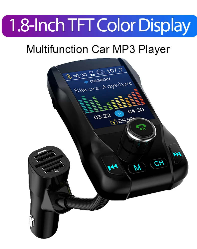 Автомобильный MP3-плеер, fm-передатчик, музыкальный U диск, TF карта, Bluetooth приемник, aux аудио выход, цветной экран, 1,8 дюймов, автомобильное зарядное устройство