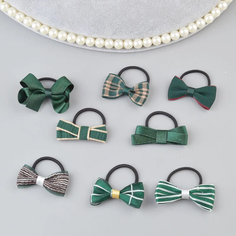 Dark Green Set 8 шт./партия, детские галстуки для волос для девочек, Маленький бант для волос, эластичная резинка для волос, милая резинка для волос с бантом, аксессуары для волос, повязка для волос - Цвет: Dark Green Set
