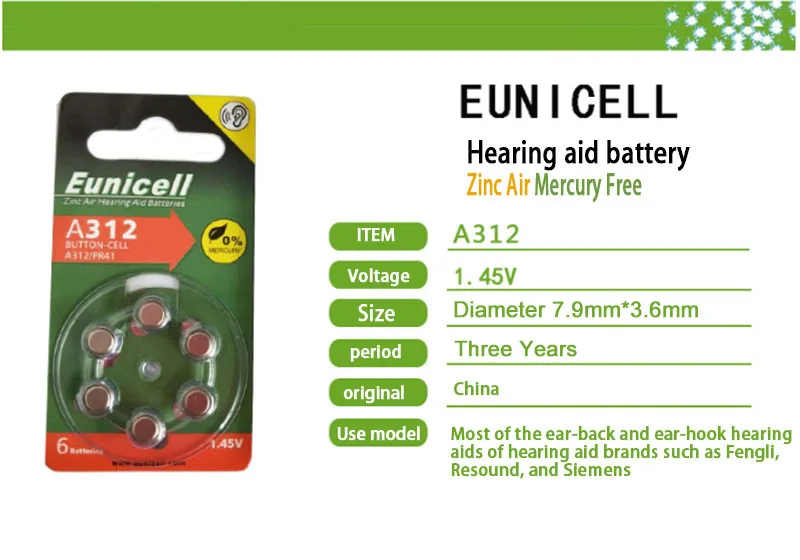 6 шт. EUNICELL цинковый воздушный слуховой аппарат A312 312A ZA312 312 PR41 слуховой аппарат батарея A312 для слухового аппарата, A312 батарея