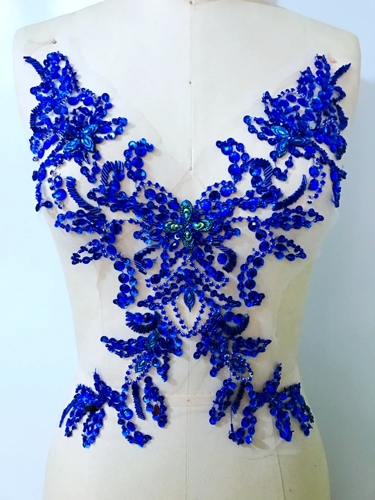 

Free shipping 38*21cm handmade deep blue crystal patches trim sew on rhinestones applique for dress accessories