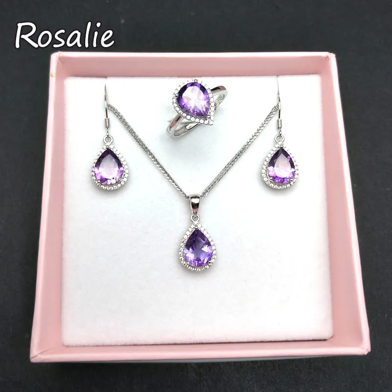 Rosalie 10ct up 925 Sterling Silver Jewelry Sets Natural Amethyst Necklaces Rings for Women Gemstone fine jewelry with gift box | Украшения