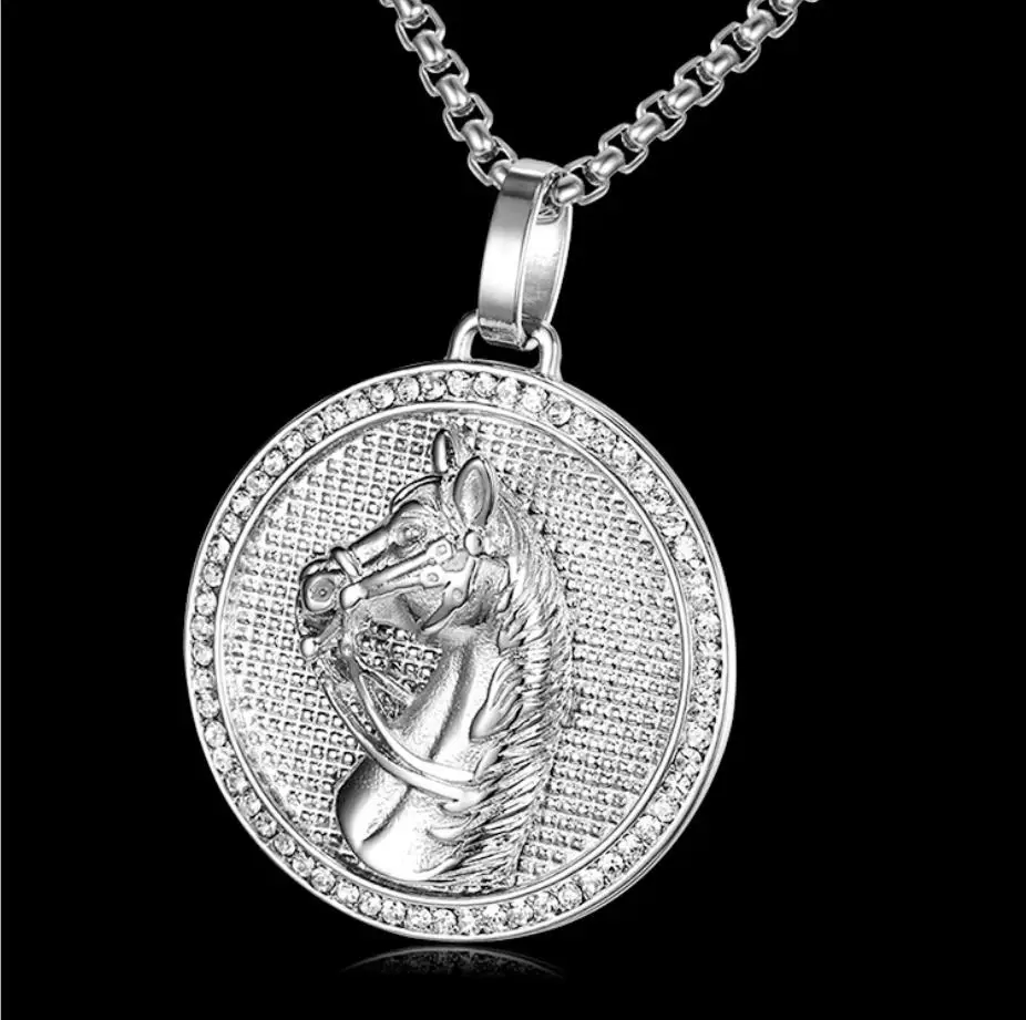 Для мужчин хип-хоп iced out Голова Лошади Кулон Цепочки и ожерелья Модные Нержавеющая сталь мужской подвески для хип-хопа Цепочки и ожерелья очаровательные подарочные украшения