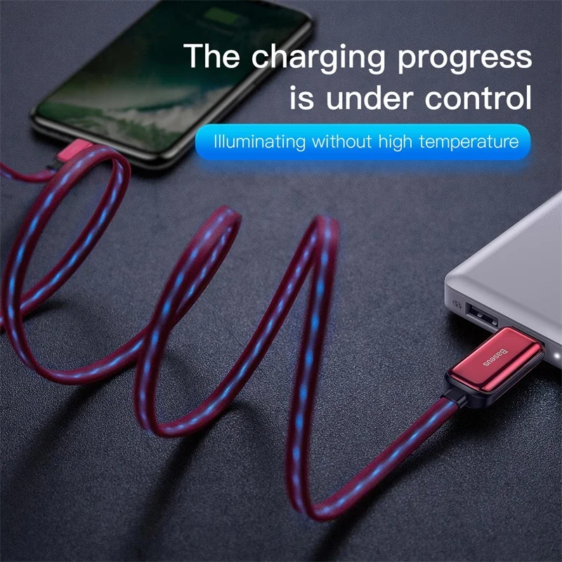 Baseus Testos светодиодный usb-кабель для зарядки и передачи данных с подсветкой для iPhone 8, 7, 6 Plus, X, iPad, 1 м, 2,4 А, шнур для быстрой зарядки
