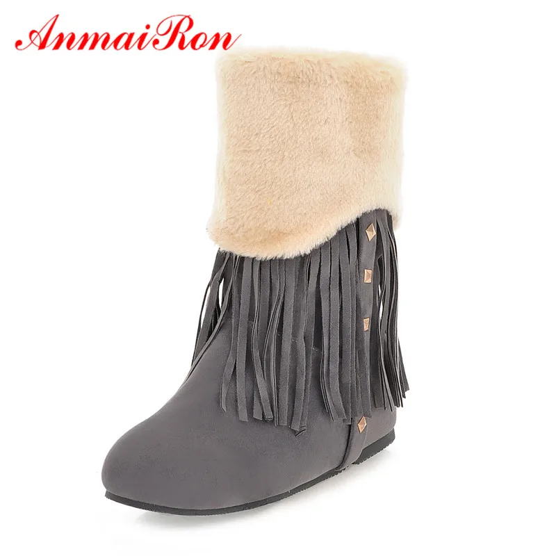 

ANMAIRON Fashion Winter Women's Shoes Mid-Calf Slip-On Round Toe Height Increasing Women Boots Flock Solid Fringe Ladies Boots