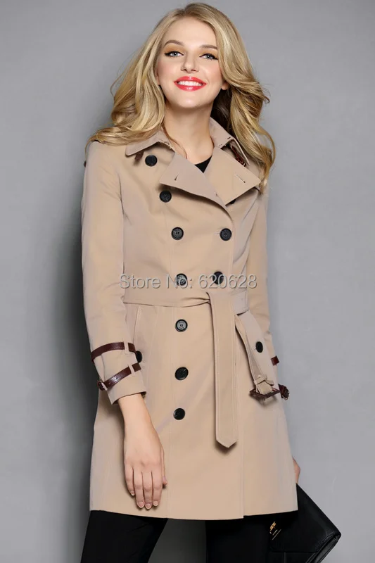 New 2014 Women Fashion Double Breasted Leather Buckle Trench Coat/High Quality Designer Elegant Khaki Black F320B016 | Женская одежда