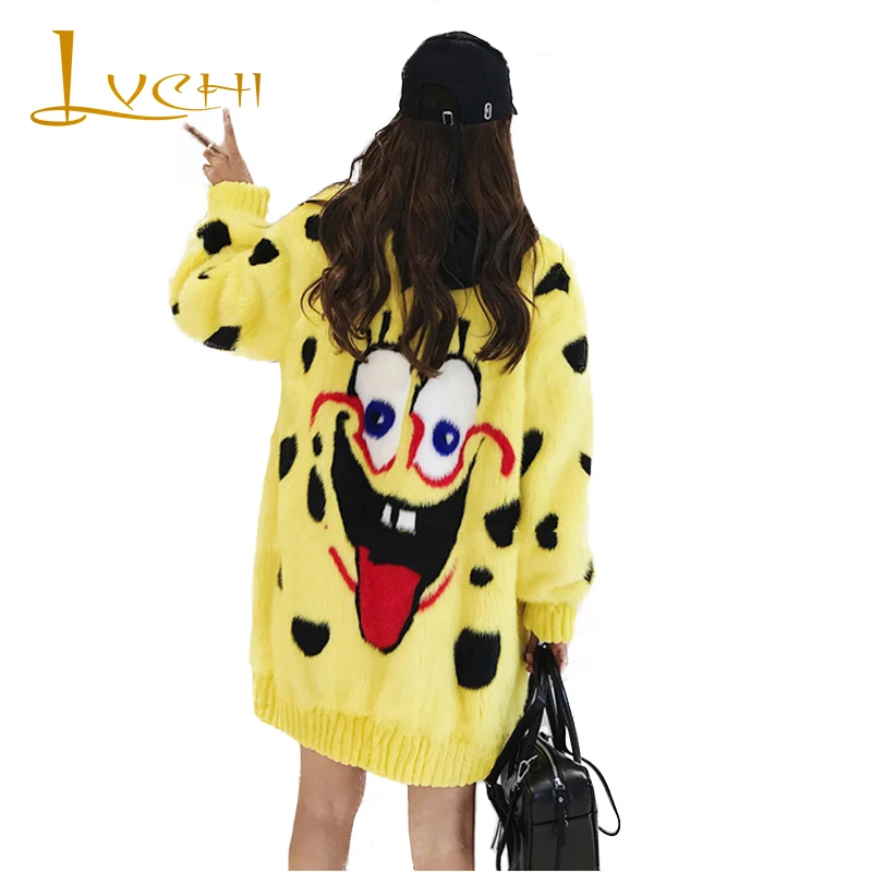 

LVCHI Winter 2019 Yellow V-Neck Real Mink Fur Coats Sponge Baby Cartoon Pattern Coat Women's Zippers Medium Causal Mink Coats