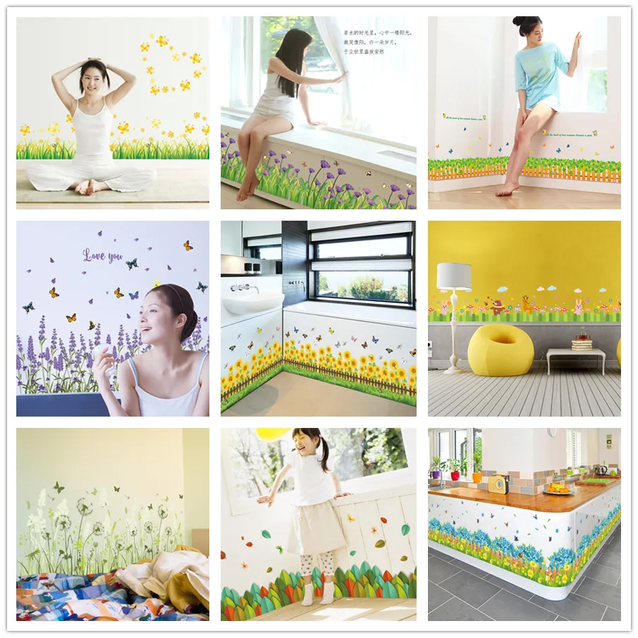 &amp 3d зеленая трава растение линия талии краска Цветы бабочки стикер стены