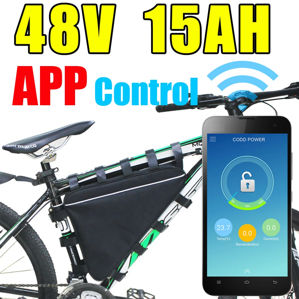 48В 15ач треугольная литий ионная батарея ebike с приложением Bluetooth GPS Пульт