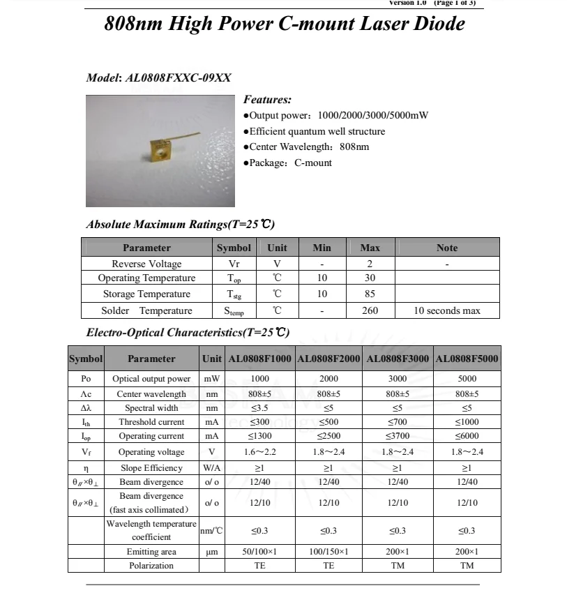 C-mount посылка высокой мощности 3000 МВт 3 Вт 808nm 810n инфракрасный ИК лазерный диод LD FAC