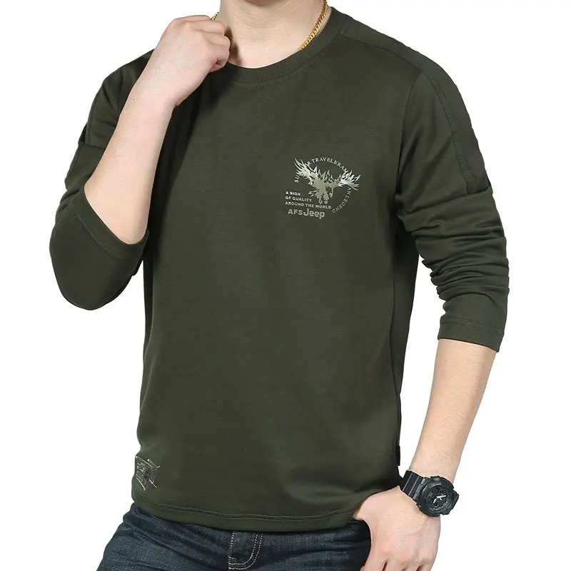 army green asia size Одежда брендовая одежда осенние повседневные мужские футболки с длинными рукавами футболка из хлопка Camisa с круглым вырезом одежда с длинными рукавами M~ 3XL - Цвет: army green asia size