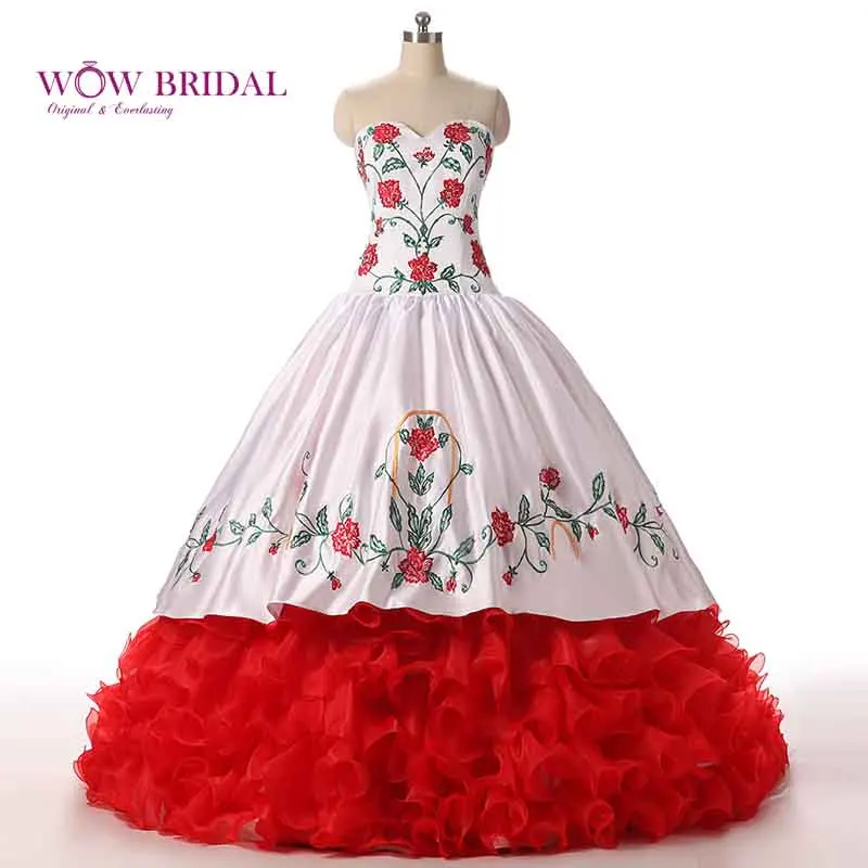Wowbridal роскошное 2021 белое красное платье с вышивкой Quinceanera бальное оборками из