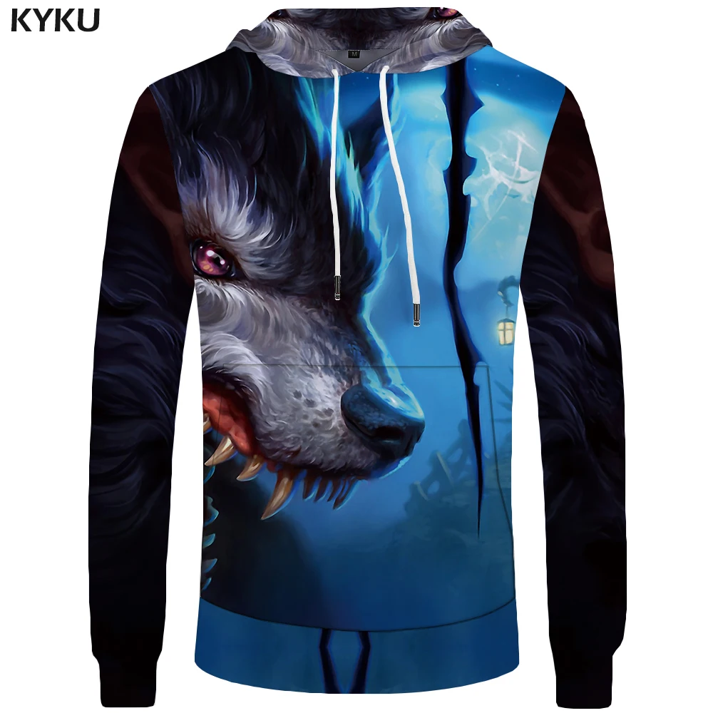 Kyku волк Толстовки Для мужчин Moon Толстовка Смешные S Костюмы животного Hoddie карман
