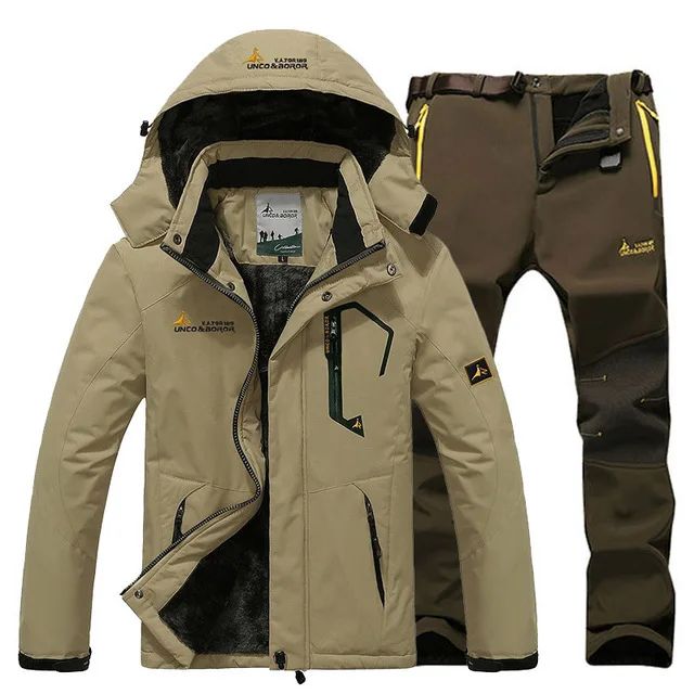 khaki greey pant Зимняя мужская куртка для кемпинга, лыжного спорта, брюки, костюмы из водонепроницаемого флиса, для снега, для охоты, альпинизма, термальные комплекты, спортивное пальто, брюки - Цвет: khaki greey pant