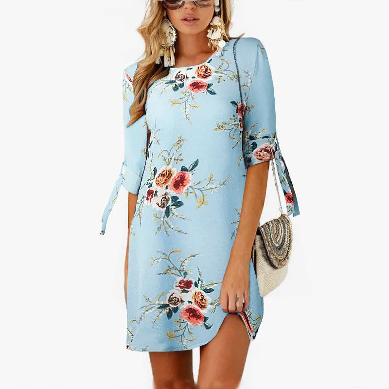 

2019 Floral Women Dresses Elegant Ladies Three Quarter Sleeve Summer Lace Up Casual Beach Mini Dress Vestidos Mujer 10 Colors