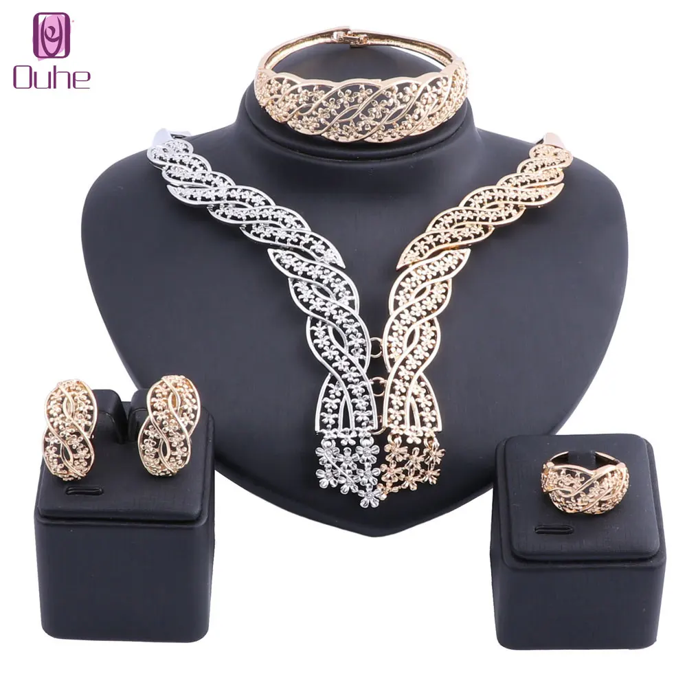 

Nigerian Jewelry Set For Women Customer Dubai Gold Colorful Jewelry Set Fashion Necklace Earring Ring Bangle Gift Set 3 Colors