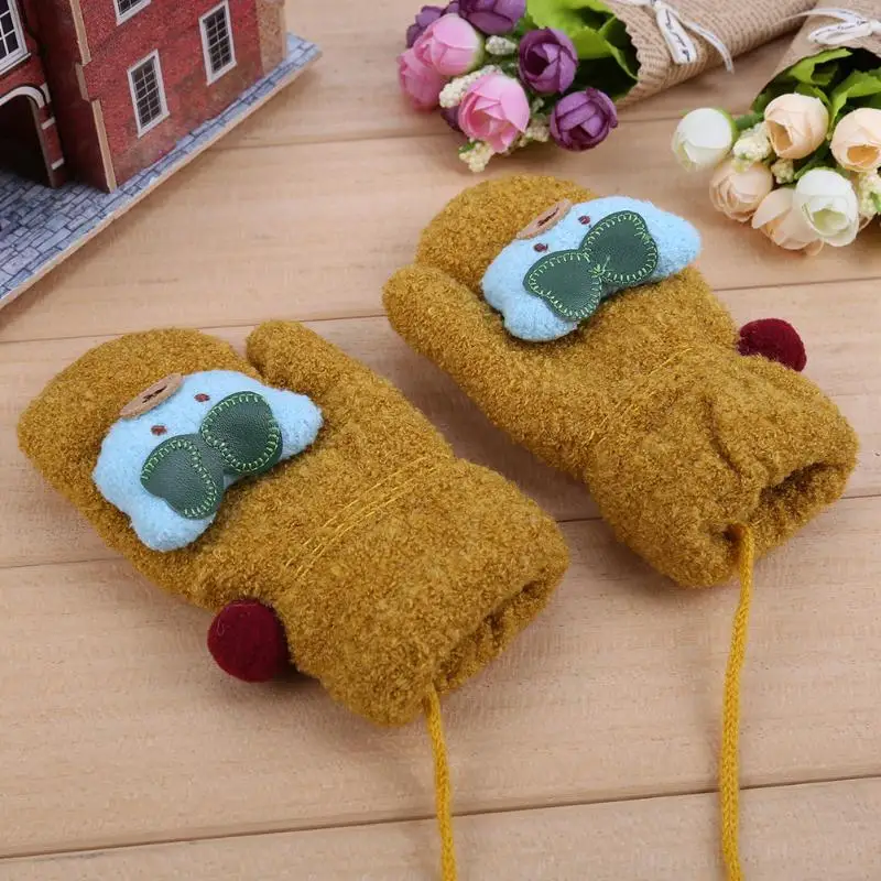 2017 Winter Baby Cartoon Bear Gloves Warm Boy Girl Windproof Hand Muff Fashion Kids Child Full Finger Knitted Mittens Ski | Детская