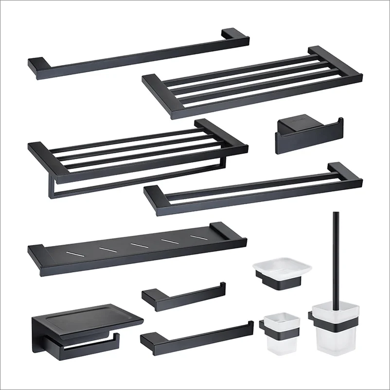 

Black Stainless Steel Towel Rack Double soap dish toilet brush holder Bathroom Hardware Pendant Set bar