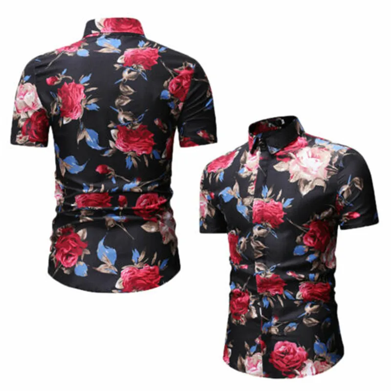 Летняя модная мужская рубашка Облегающая с коротким рукавом и цветочным