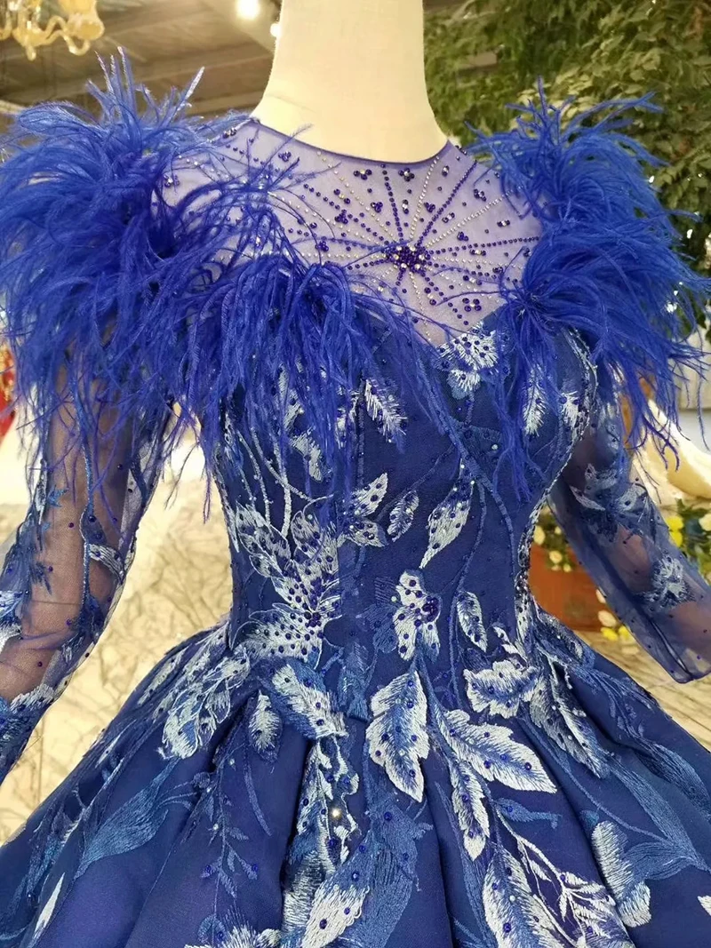 Бальное платье LSS377 синее вечернее в пол с перьями и о вырезом длинным рукавом для